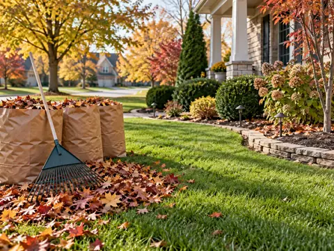Illustrative photo of raked leaves and bags in an autumn yard
