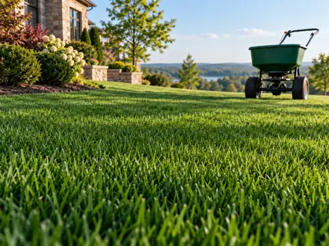 Illustrative photo of a green lawn and fertilizer spreader